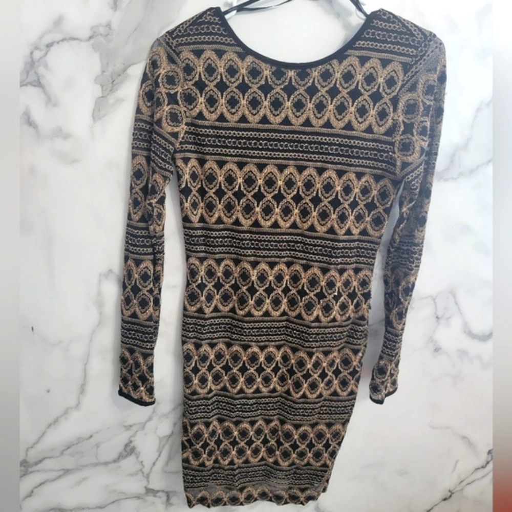 Forever 21 Black & Gold Metallic Bodycon Long Sleeve Dress (Size M)